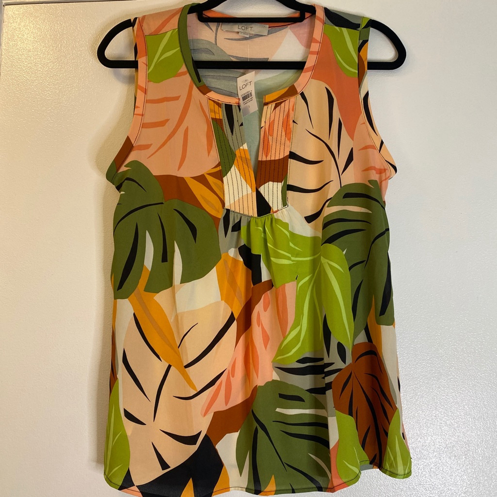 Women's LOFT Tropical Leaf Print Tank Top Green/Orange Size S